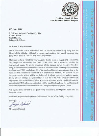  国际泳联场地认证 --特立尼达和多巴哥体育中心游泳中心